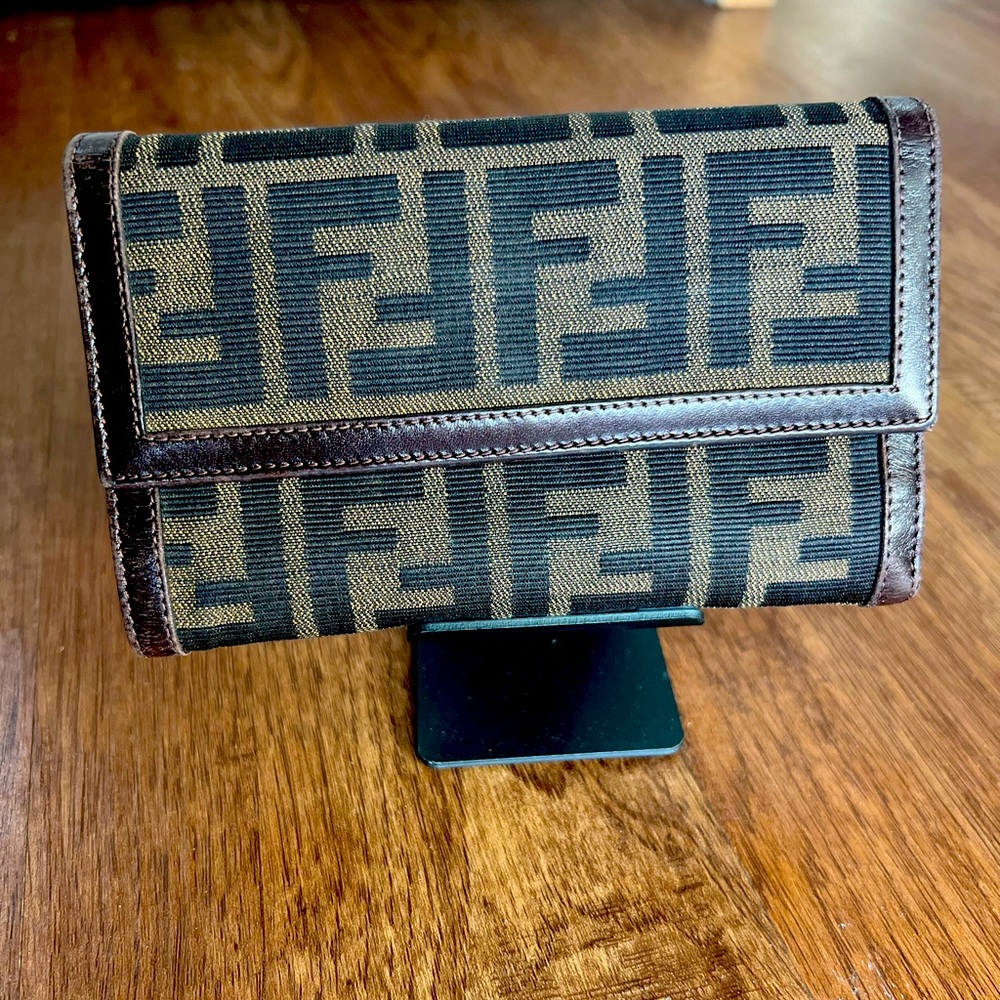 Fendi Wallet Purse Trifold Zucca Black Brown Woman unisex Authentic - EUC